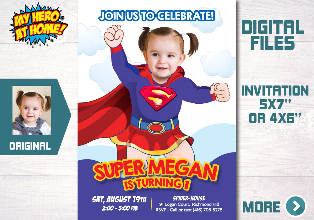 Baby Supergirl photo invitation, Baby Supergirl template, Supergirl party decor, Supergirl 1st Invitation, Supergirl 1st Birthday Invitation. 686