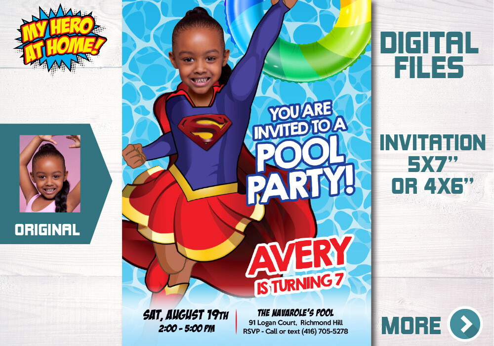 Supergirl Pool Party template, Supergirl Party Invitation, Supergirl invitation with photo, Supergirl thanks, Supergirl favor tags. 687