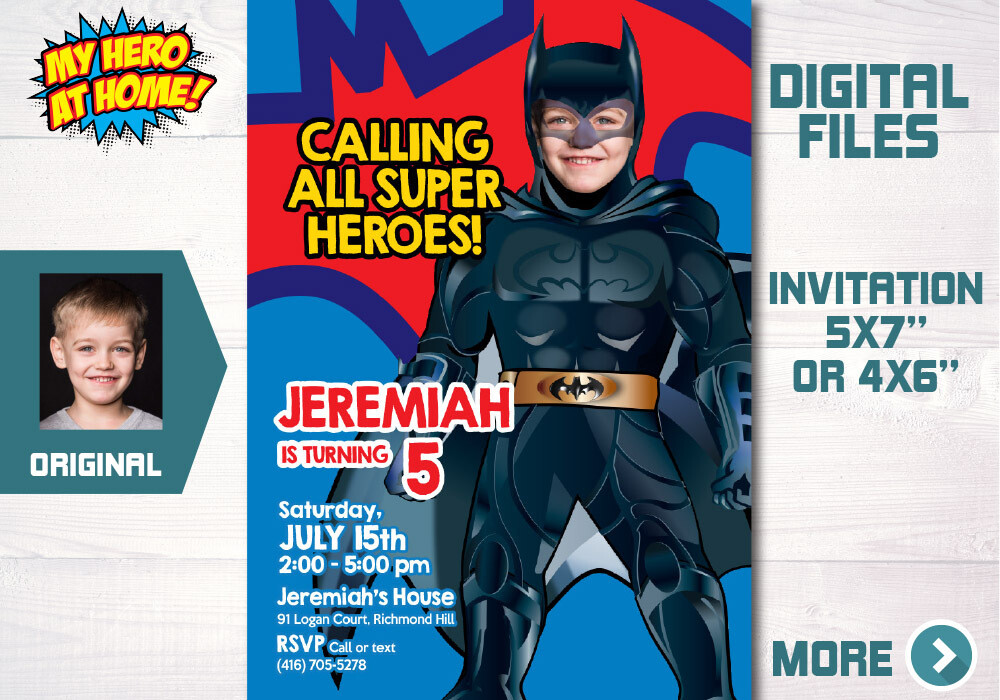 Batman Photo Invitation template. Batman template invitation. Batman paperless invite. Custom Batman favor tags. 690