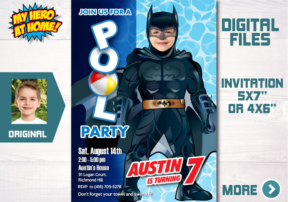 Batman Pool Party template, Batman Water slide party, Batman Splash Party, Batman Invitation with photo. 691
