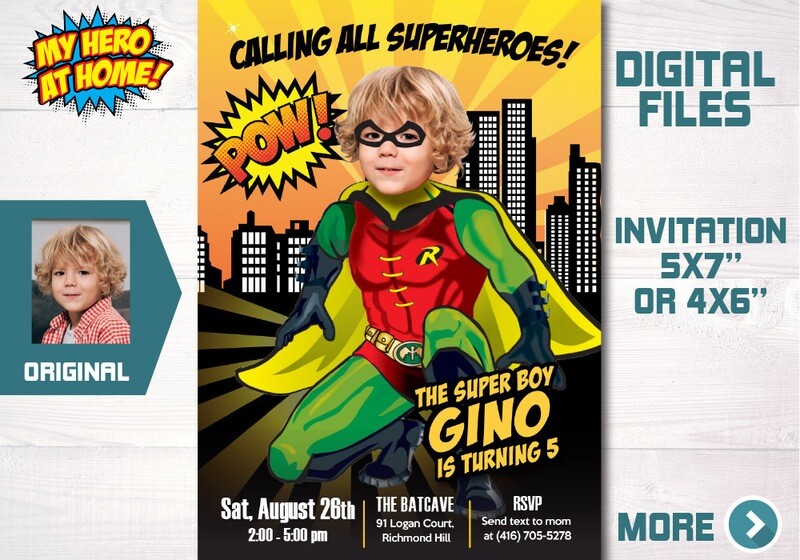 Custom Robin Invitation with photo, Robin photo invitation, Robin theme Party, Robin Birthday, Robin template. 542