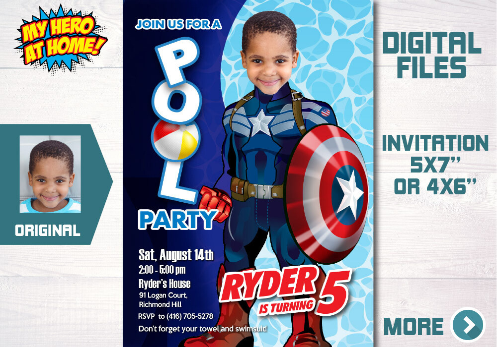 Captain America Pool party template, Captain America Pool party Invitation with photo, Captain America Water Slide Party, Capt America Invitation. 697