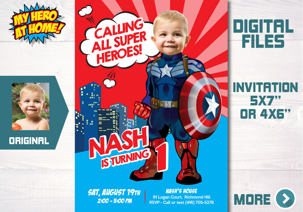 Baby Captain America template, Captain America 1st Invitation with photo, Captain America 1st Party, Baby Capt America Invitation. 699