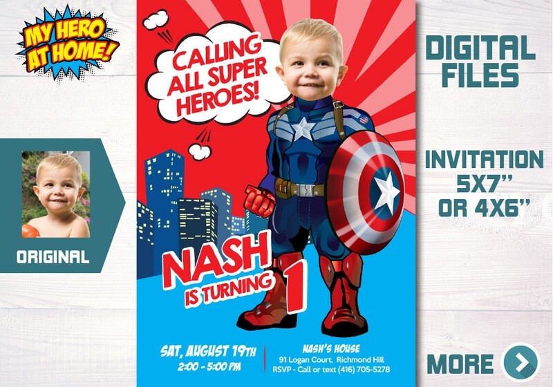 Baby Captain America template, Captain America 1st Invitation with photo, Captain America 1st Party, Baby Capt America Invitation. 699