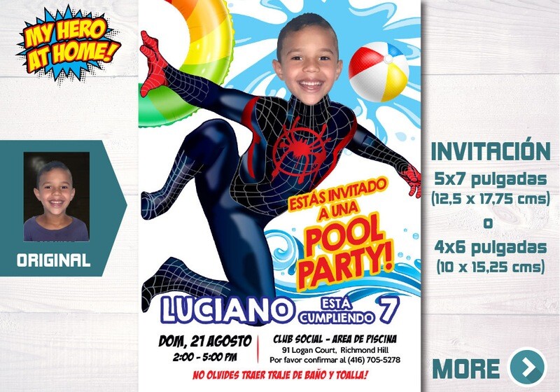Invitación personalizada de Miles Morales con foto, Invita pool party Miles Morales, Invitación tema Miles Morales, Fiesta Pool Party Miles Morales. 703SP