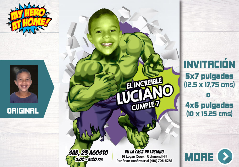 Invitación personalizada de Hulk con foto, Invita digital Hulk, Invitación tema Hulk, Invitación de Hulk. 683SP