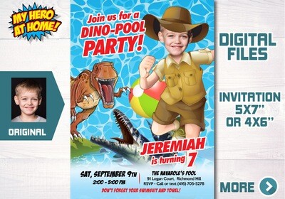 Dinosaurs Pool Party template. Dinosaurs Theme Pool Party. Dino-Pool Party Invitation. Dinosaurs Splash party. 715