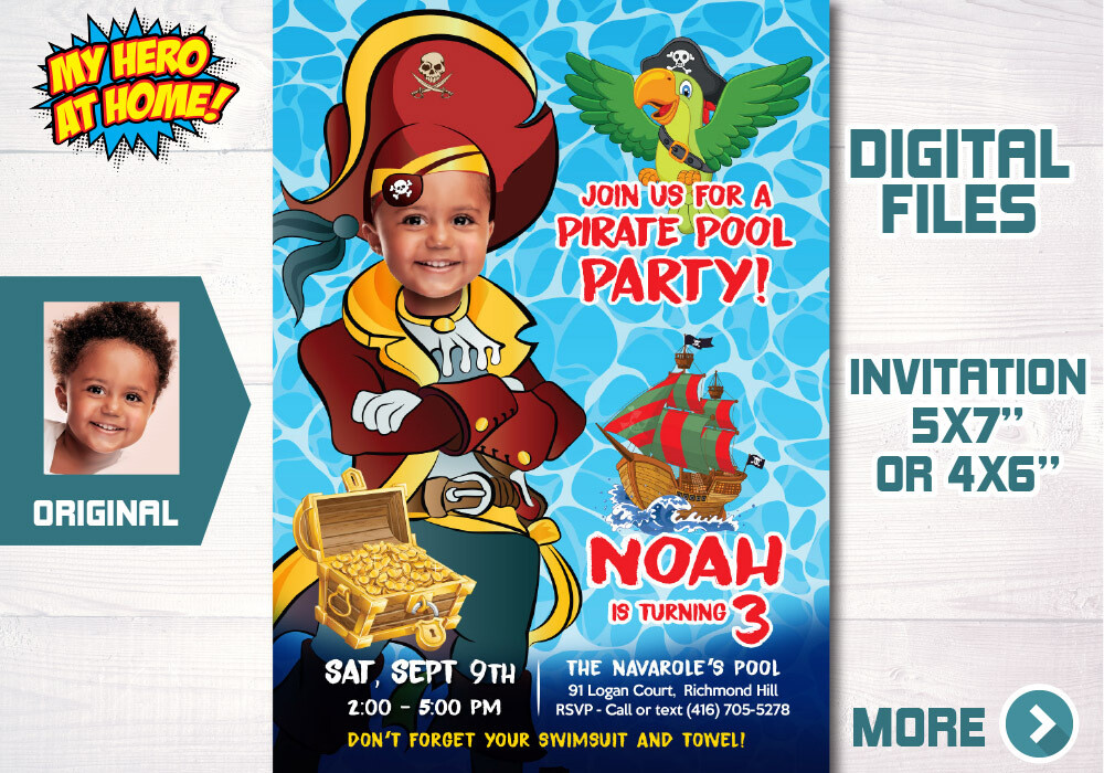 Pirates Pool Party template, Pirates Theme Pool Party, Pirates Party Invitation with photo, Pirates Splash party, Pirates template Invitation. 716