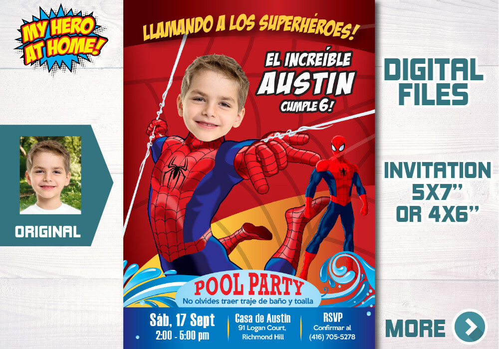 Invitación de Spiderman personalizada, Invita digital Spiderman, Invitación Pool Party Spiderman, Invitación de Spiderman Pool Party. 105SP