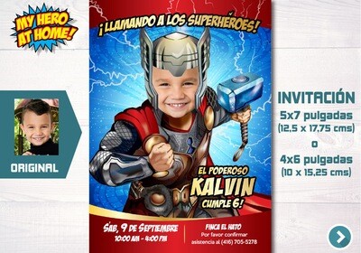 Invitación personalizada de Thor con foto, Invita digital Thor, Invitación tema Thor, Invitación de Thor. 154SP