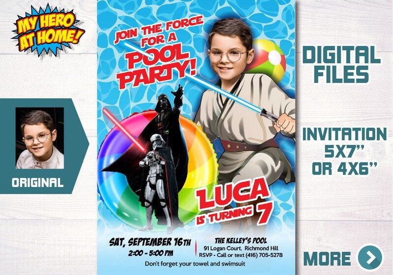 Jedi Pool Party template, Star Wars Pool Party template, Jedi template with photo, Jedi Splash Party invitation, Jedi template. 714