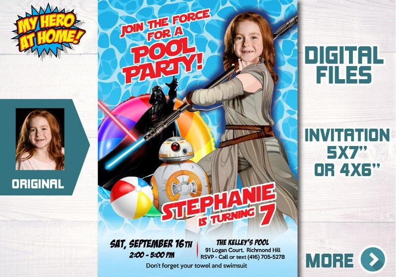 Jedi Rey Pool Party template, Girl Star Wars Pool Party template, Jedi Rey template with photo, Jedi Rey Splash Party invitation. 713