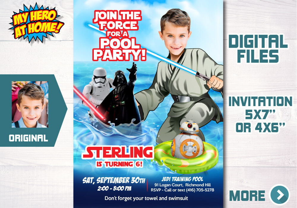 Star Wars Pool Party template, Jedi Pool Party template, Star Wars splash invite, Jedi Waterslide party invite, Star Wars favors. 721