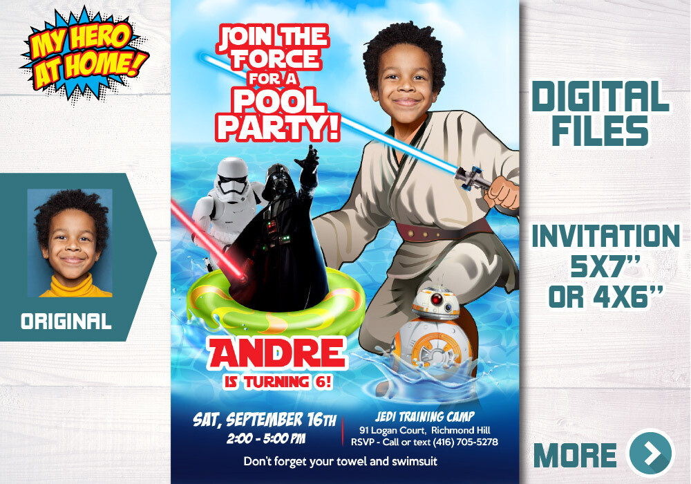 Star Wars Pool Party Invitation, Jedi Pool Party invitation, Star Wars splash party, Star Wars Water slide party, Jedi thank you, Jedi favor tags. 722