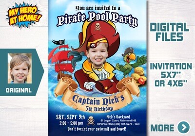 Pirates Pool Party invitation with photo, Pirates Splash Party Invite with photo, Pirates Splash birthday, Pirates Invitation template. 723