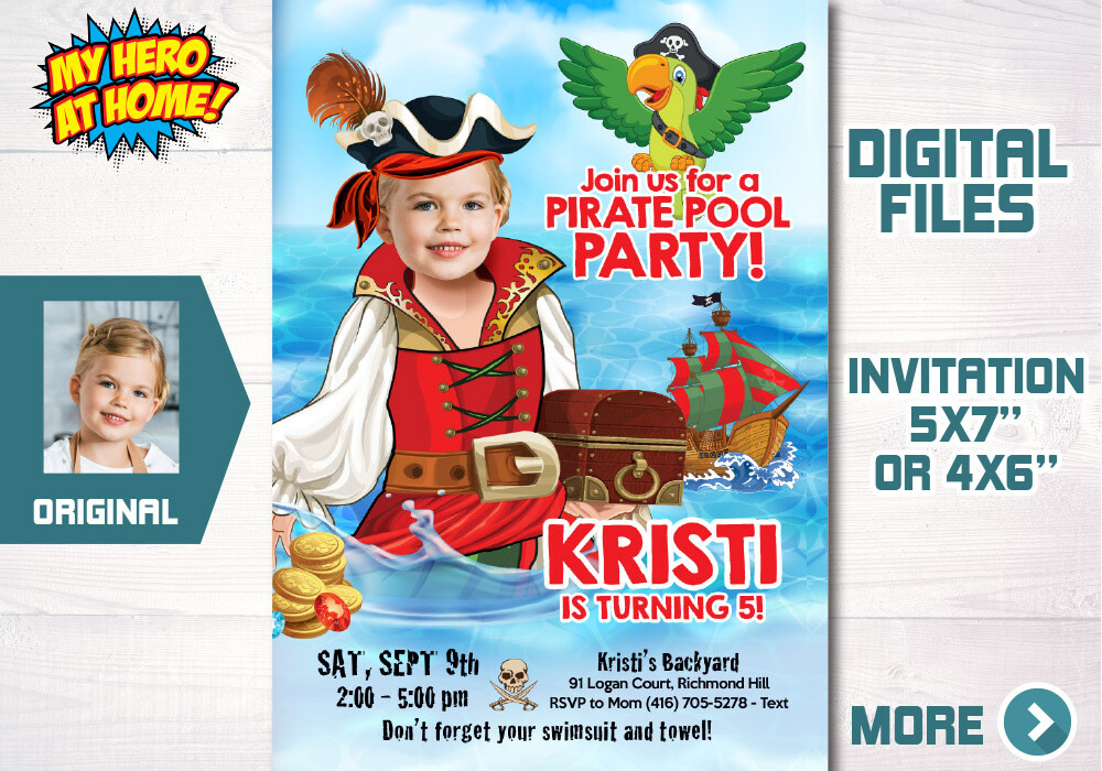Girl Pirate Pool Party invitation with photo, Girl Pirate Splash Party invite, Girl Pirate water party, Girl Pirate Invitation template. 724