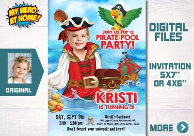 Girl Pirate Pool Party invitation with photo, Girl Pirate Splash Party invite, Girl Pirate water party, Girl Pirate Invitation template. 724