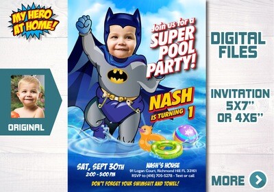 Baby Batman Pool Party invitation, Batman Water slide party, Batman Splash Party, Baby Batman Invitation with photo. 728