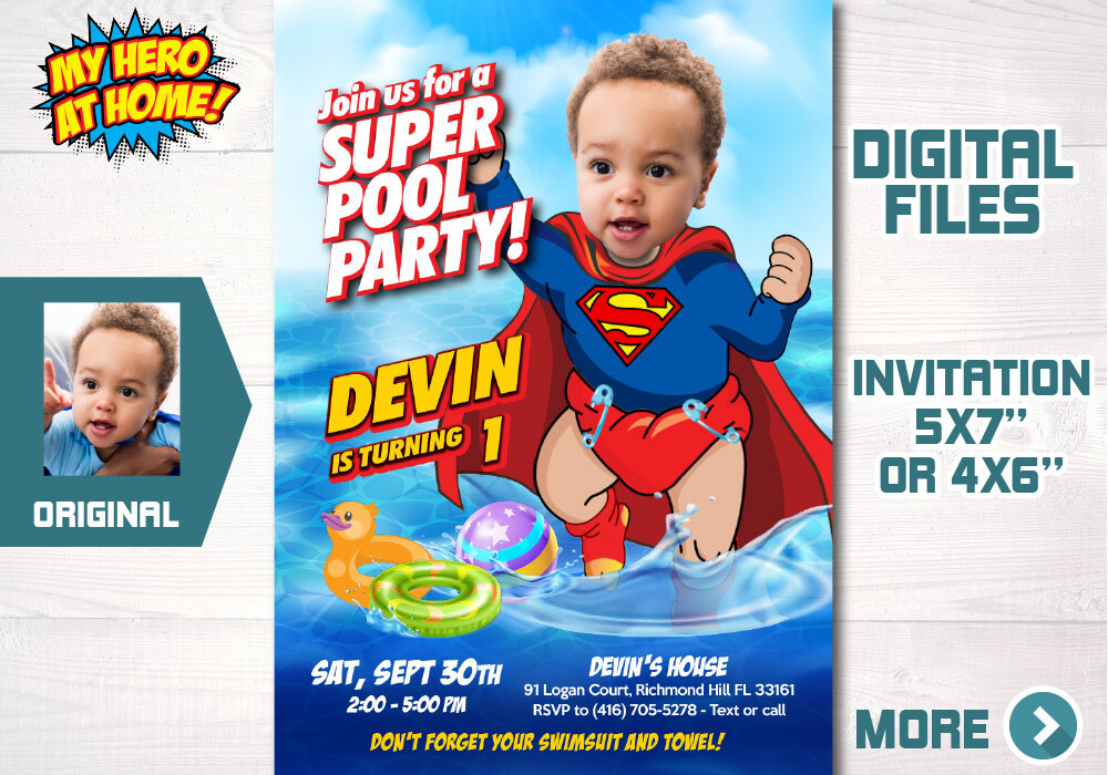 Baby Superman Pool Party invitation, Superman Water slide party, Superman Splash Party, Baby Superman Invitation with photo. 729