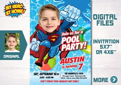 Superman Pool Party invitation, Superman Waterslide invitation, Superman Splash Party, Superman Invitation with photo. 730