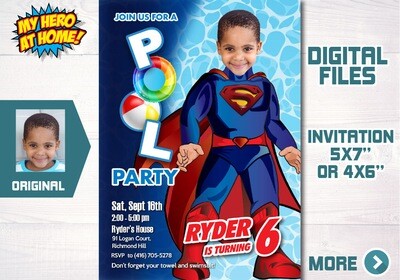 Superman Pool Party template, Superman Water party invitation, Superman Splash template, Superman Photo Invitation. 731