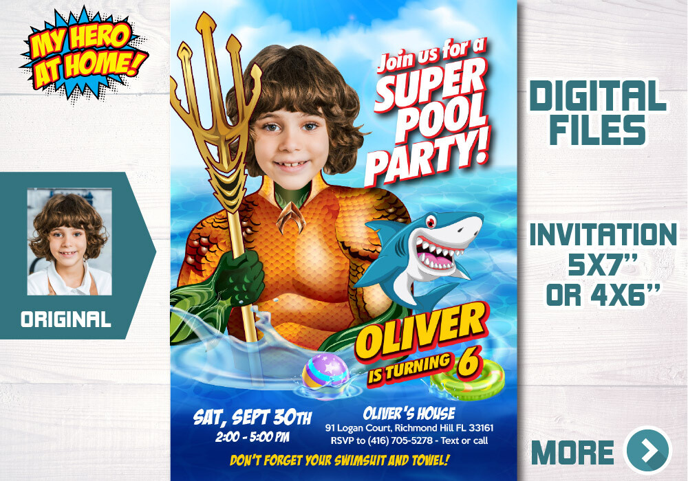 Aquaman Pool Party invitation, Aquaman Waterslide invitation, Aquaman Splash Party, Aquaman Invitation with photo. 725