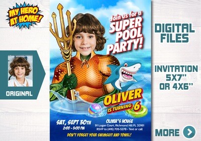 Aquaman Pool Party invitation, Aquaman Waterslide invitation, Aquaman Splash Party, Aquaman Invitation with photo. 725