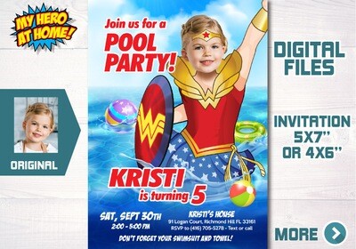 Wonder Girl Pool Party invitation, Wonder Girl Waterslide invitation, Wonder Girl Splash Party, Wonder Girl Invitation with photo. 726