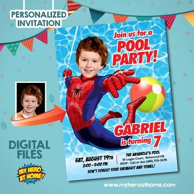 Spider-man Pool Party Invitation template, Spider-man Invitation with photo, Pool Party Spider-man template, Spider-man Pool Party theme. 678
