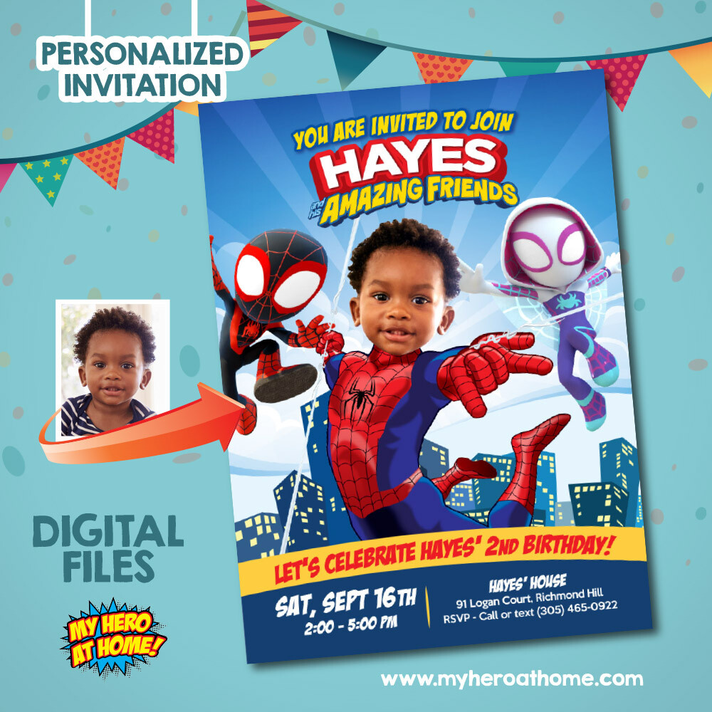 Spidey and his amazing friends Invitation with photo, Spidey Invitation, Spidey birthday party, Amazing friends birthday Invitation. 740