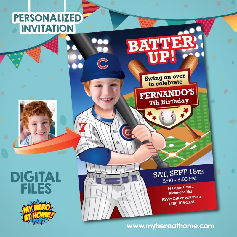 Chicago Cubs Party Invitation, Chicago Cubs theme party, Chicago Cubs Invitation with photo, Cubs Thank you, Cubs favor tags. 745