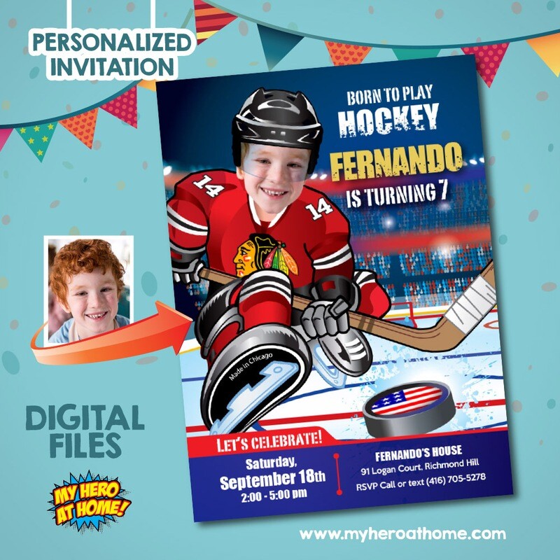 Chicago Blackhawks template, Chicago Blackhawks invitation with photo,  Blackhawks Digital Invitation. 301