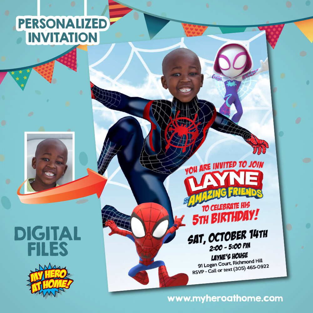 Miles Morales and his amazing friends Invitation, Miles template with photo, Miles party invitation with photo, Amazing friends party. 748