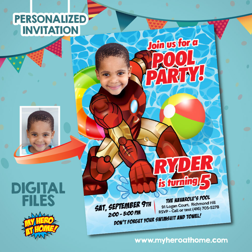 Iron Man Pool Party Invitation template, Iron Man Invitation with photo, Pool Party Iron Man template, Iron Man Pool Party theme. 708