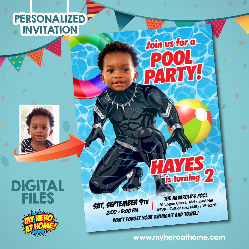 Black Panther Pool Party Invitation template, Black Panther Invitation with photo, Pool Party Black Panther template, Black Panther Pool Party theme. 707