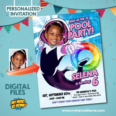 Gwen Stacy Pool Party Invitation template, Gwen Stacy Invitation with photo, Pool Party Gwen Stacy template, Gwen Stacy Pool Party theme. 702