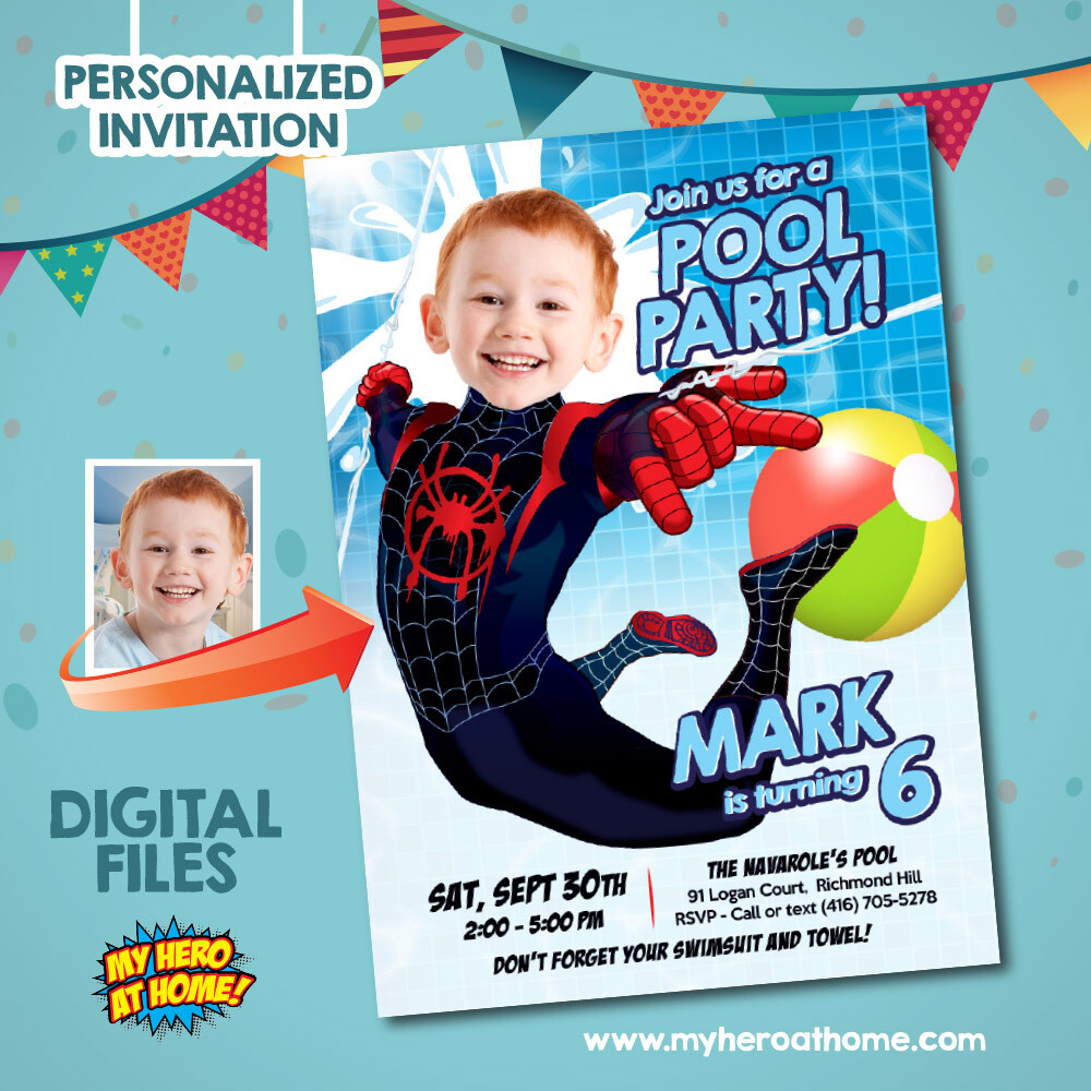 Miles Morales Pool Party Invitation template, Miles Morales Invitation with photo, Pool Party Miles Morales template, Miles Morales Pool Party theme. 701