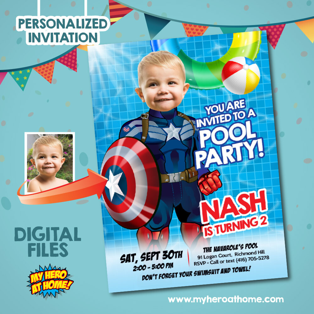 Capt America Pool party template, Capt America Pool party Invitation with photo, Capt America Waterslide Party, Capt America Invitation template. 698