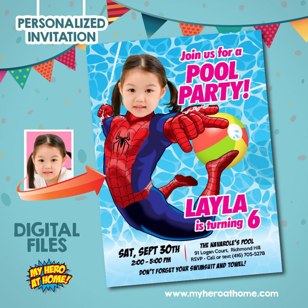 Spider girl Pool Party Invitation template, Spider girl Invitation with photo, Pool Party Spider girl template, Spider girl Pool Party theme. 679