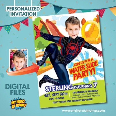 Miles Morales Water Slide template, Miles Morales invite with photo, Miles Morales water party invitation, Spider-verse Water Slide. 750