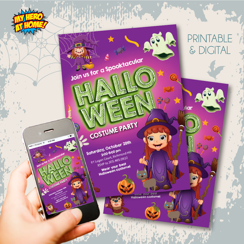 Little Witch Halloween Invitation, Halloween Witch template, Halloween costume party, Monsters Costume Party, Witch digital invite. 1165
