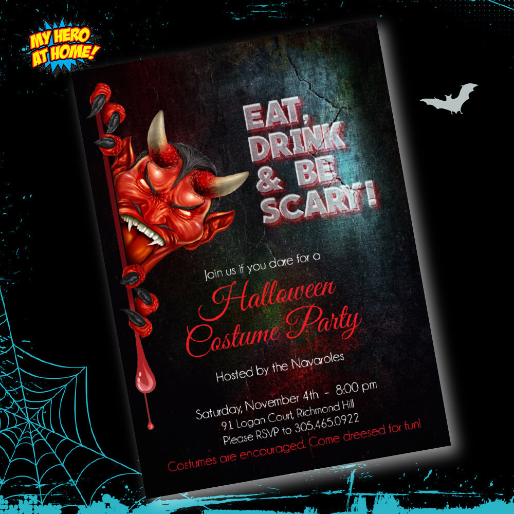 Halloween adult party template, Halloween Devil Invitation, Costumes and Cocktails invitation, Eat, Drink and be Scary Invitation. 1169