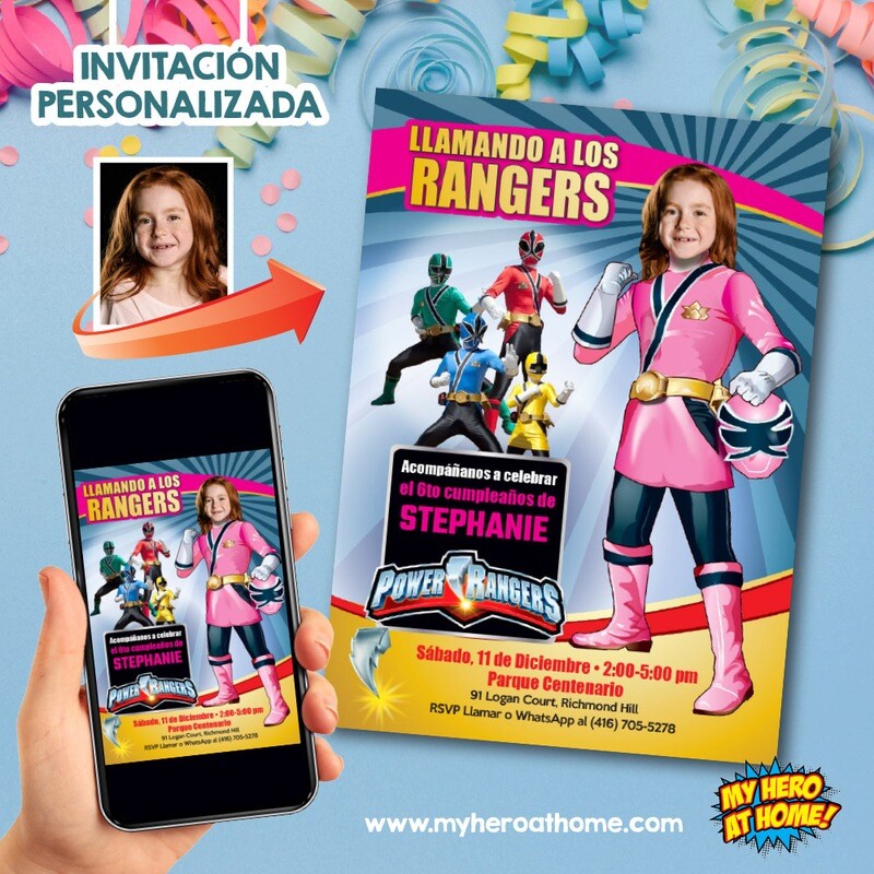 Power Rangers Rosada Invitacion. Fiesta tema Power Rangers ninas. Invitacion digital Power Rangers Rosada. 753SP