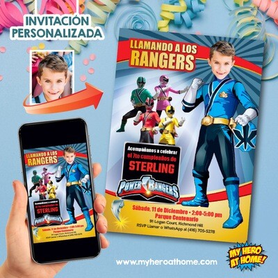 Power Rangers Azul Invitacion. Fiesta tema Power Rangers. Invitacion digital Power Rangers Azul. 754SP