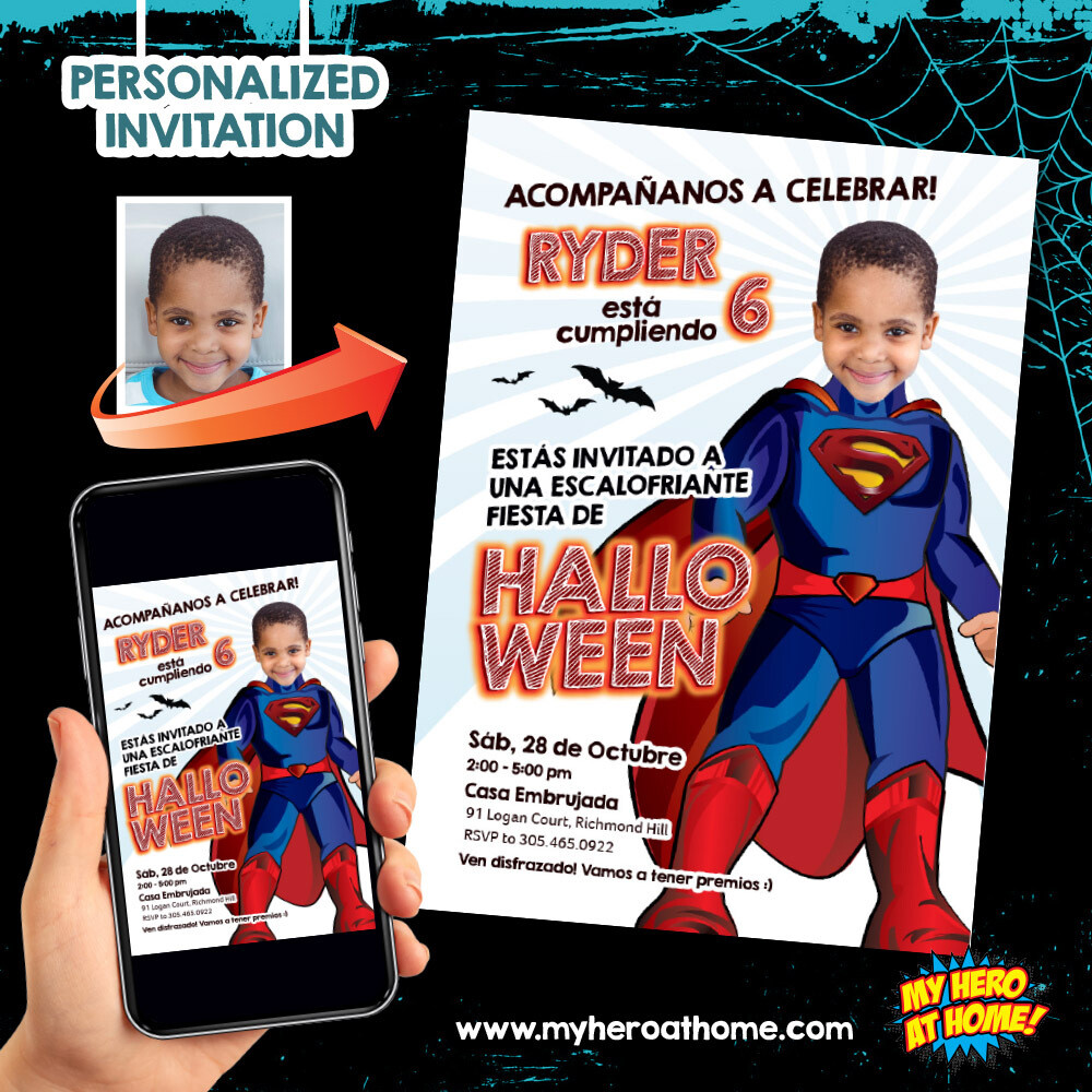 Superman Halloween Invitation, Superman Halloween template, Spooky Superman Invitation, Superman Invitation with photo. 1177