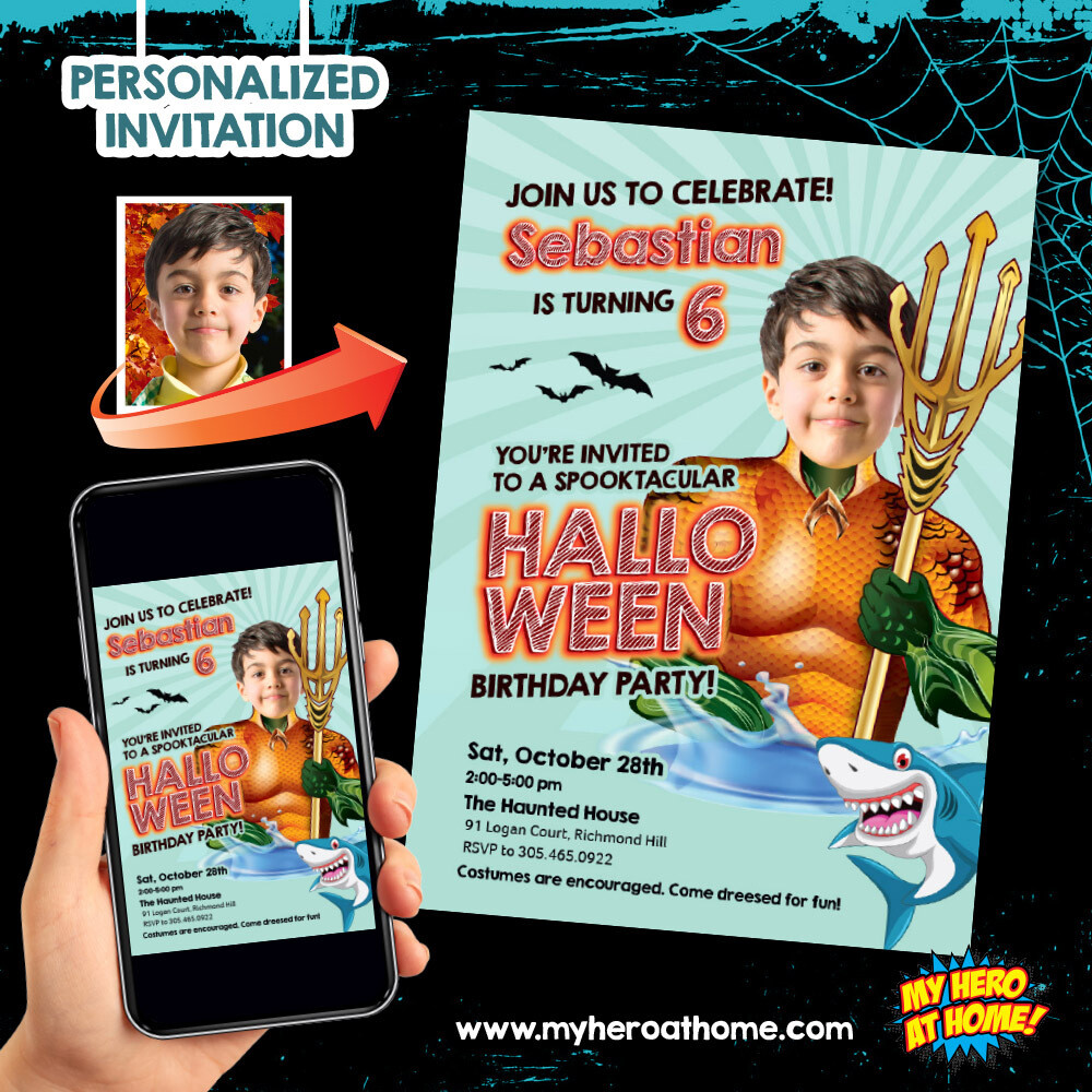 Aquaman Halloween Invitation, Aquaman Halloween template, Scary Aquaman Invitation, Aquaman Invitation with photo. 1178
