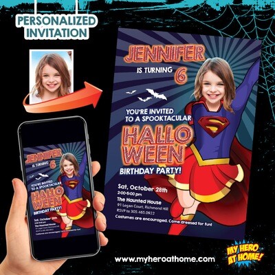 Supergirl Halloween Invitation, Supergirl Halloween template, Scary Supergirl Invitation, Supergirl Invitation with photo. 1180