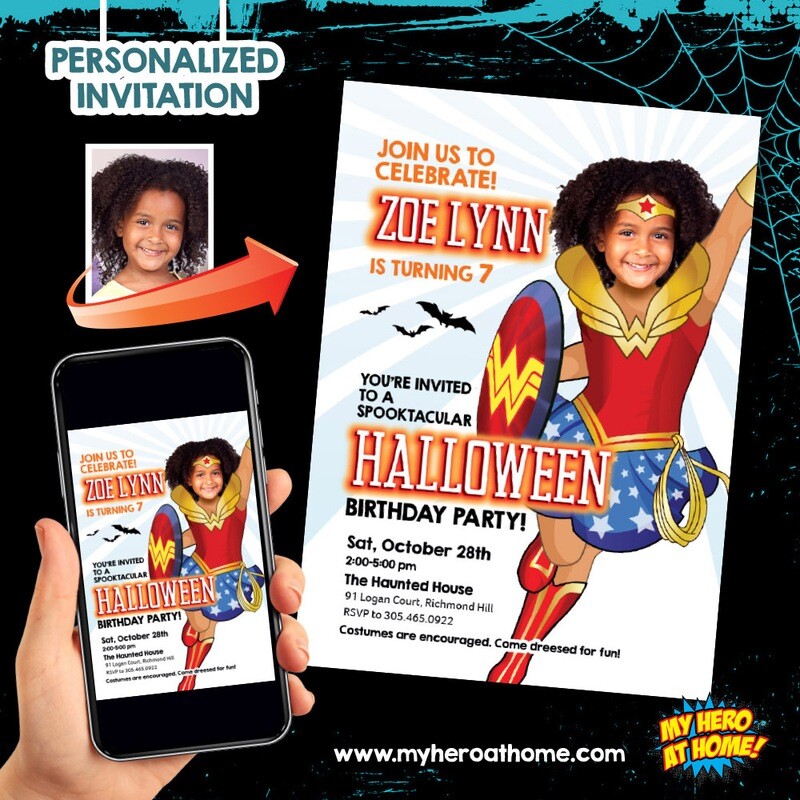 Wonder Girl Halloween Invitation, Wonder Woman Halloween template, Scary Wonder Girl Invitation, Wonder Girl Invitation with photo. 1181
