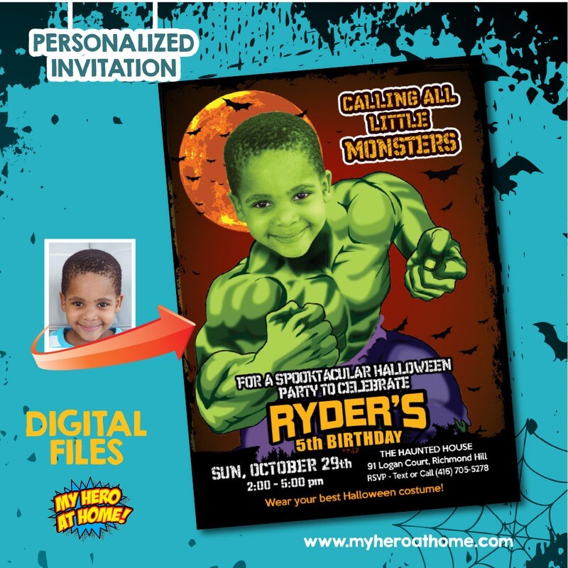 Hulk Halloween Invitation with photo, Hulk Halloween birthday, Halloween thank you tags, Hulk halloween template. 091B