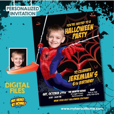 Spiderman Halloween Invitation, Halloween Spiderman template, Spider Halloween thank you tags, Spiderman invitation with photo. 104B